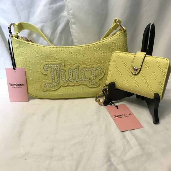 Juicy Couture Yellow Pear Emboss String of Pearls Shoulder Bag &Wallet NWT